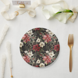 Plato De Papel Floral Elegante acuarela Feliz Navidad