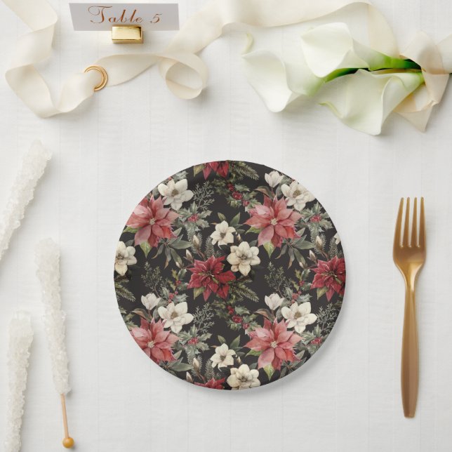 Plato De Papel Floral Elegante acuarela Feliz Navidad (Boda)