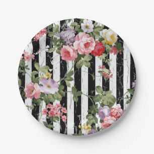 Plato De Papel Floral en franja negra templada