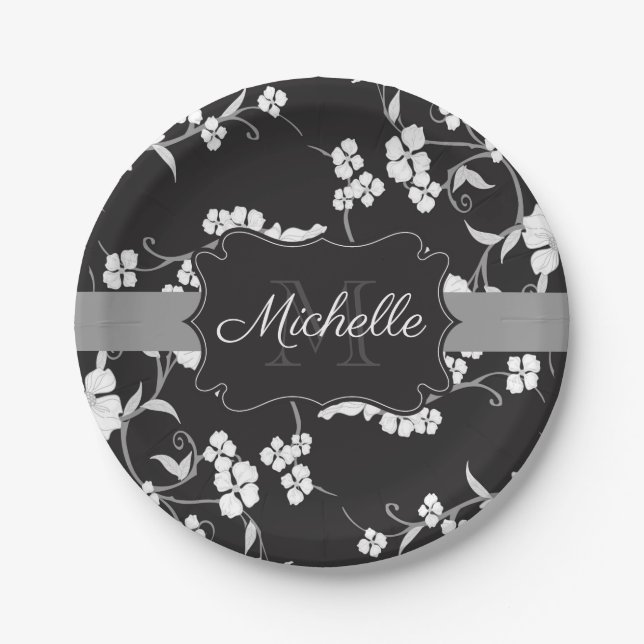 Plato De Papel Floral en negro y blanco (Anverso)
