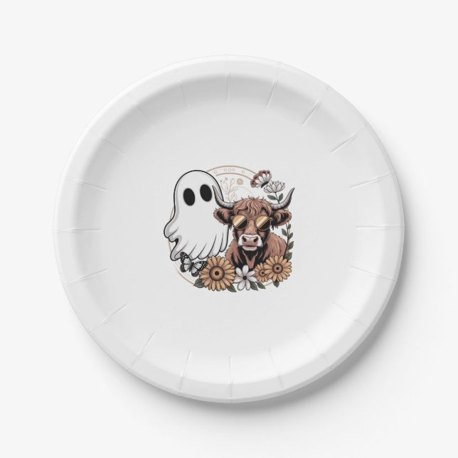 Plato De Papel Floral Fall Highland Cow Ghost (Anverso)