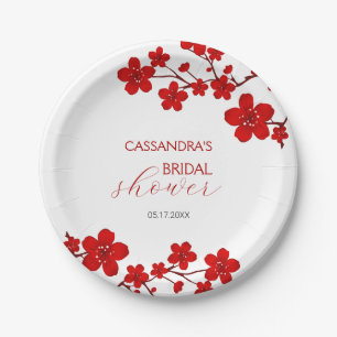 Plato De Papel Floral Floral Brillante de Cerezo Rojo
