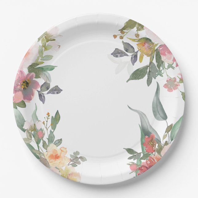 Plato De Papel Floral Floral Pink Green Bridal Shower (Anverso)