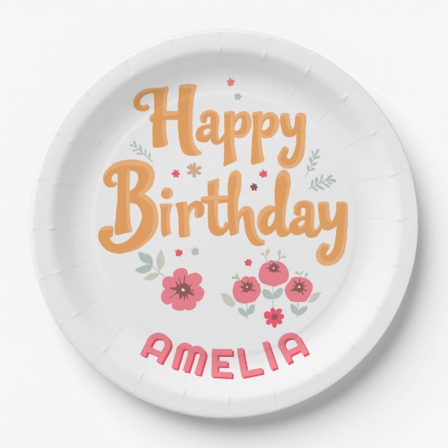 Plato De Papel Floral Flowers Happy Birthday Handlettering (Anverso)