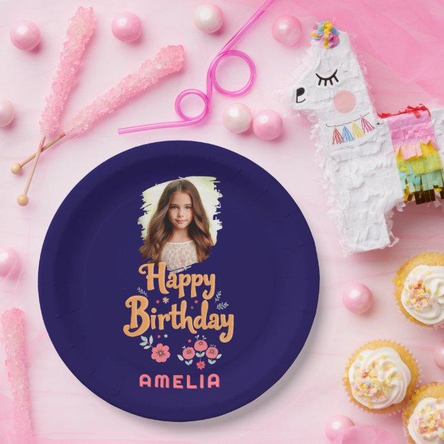 Plato De Papel Floral Flowers Happy Birthday Handlettering Photo  (Fiesta)