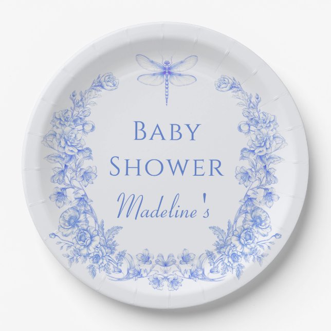 Plato De Papel Floral francesa algo azul Dragonfly Baby Shower (Anverso)