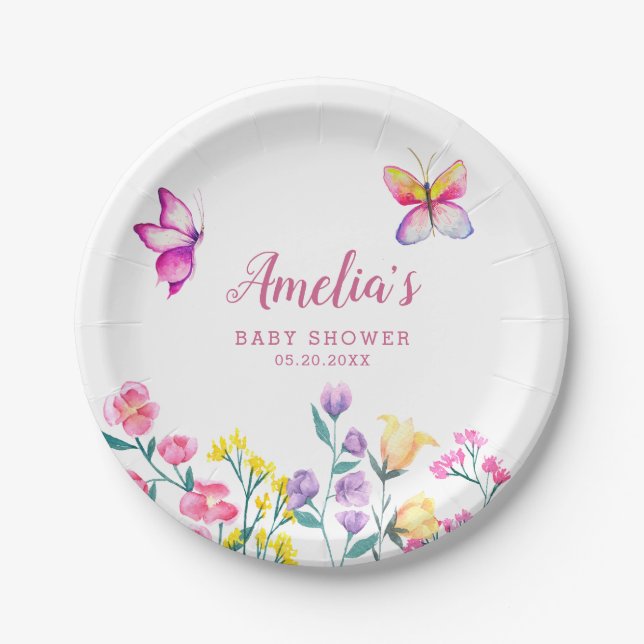Plato De Papel Floral Garden Baby Shower Mariposa Tema (Anverso)