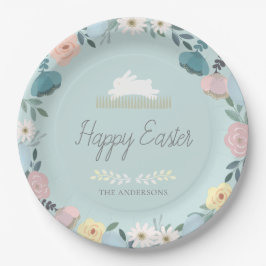 Plato De Papel Floral Garden Easter Bunny Eggs Blue