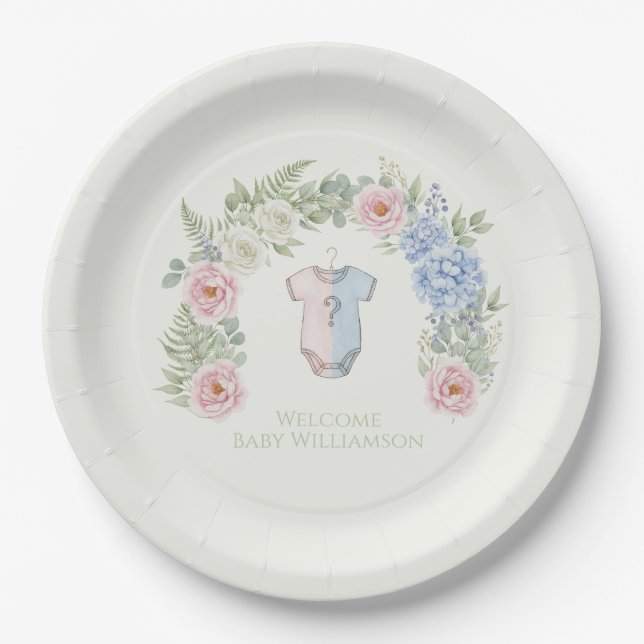 Plato De Papel Floral Gender Reveal Party Plate (Anverso)