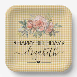 Plato De Papel Floral Gingham Plaid Happy Birthday Paper Plates