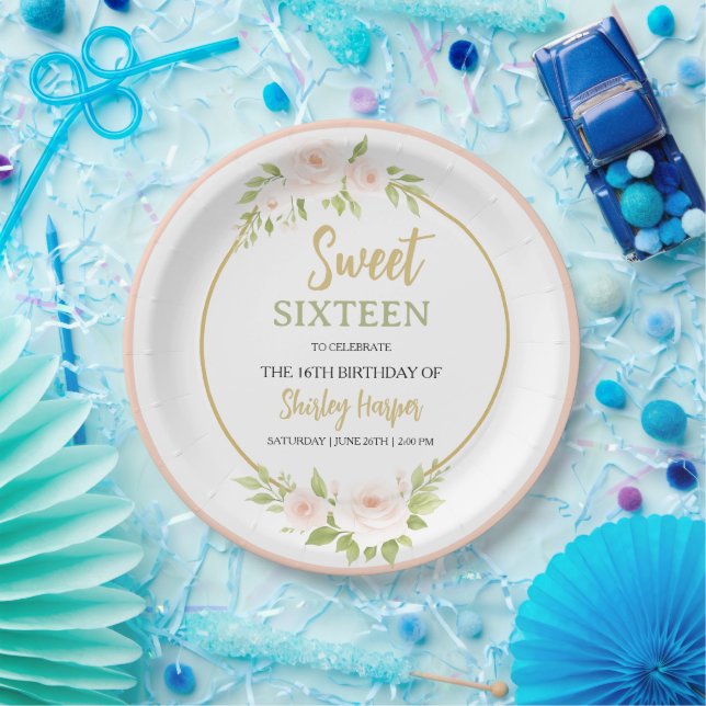 Plato De Papel Floral Gold Script Sweet Sixteen Birthday  (Fiesta)