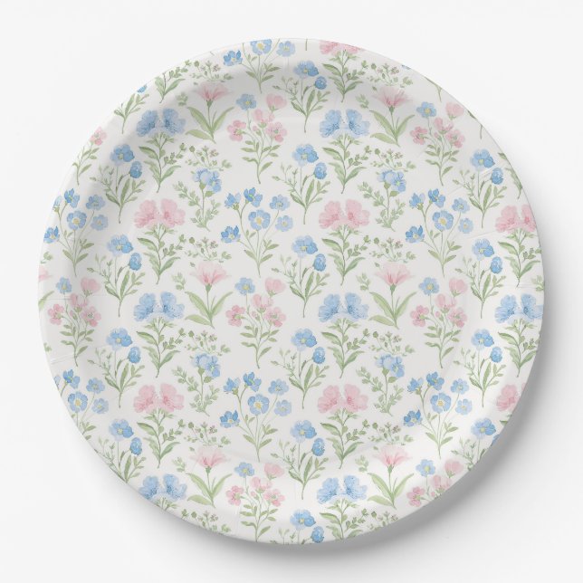 Plato De Papel Floral Grandmillennial Rosa y Azul (Anverso)