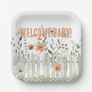 Plato de papel floral granja país bebé bienvenido