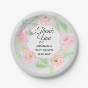 Plato De Papel Floral gris y rosa gracias Baby Shower