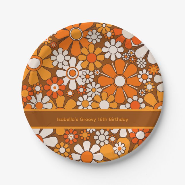 Plato De Papel Floral Groovy Retro 70 personalizada (Anverso)