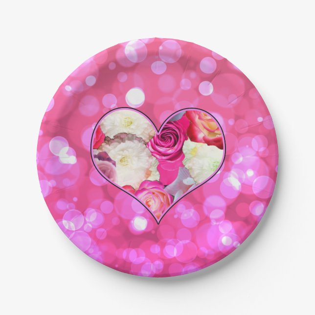 Plato De Papel Floral Heart Pink Bokeh (Anverso)