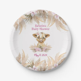 Plato De Papel Floral Highland Cow Baby Shower