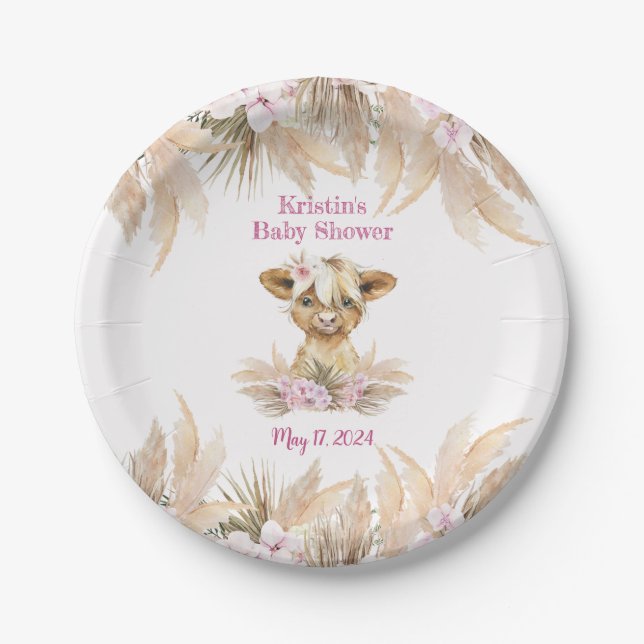 Plato De Papel Floral Highland Cow Baby Shower (Anverso)