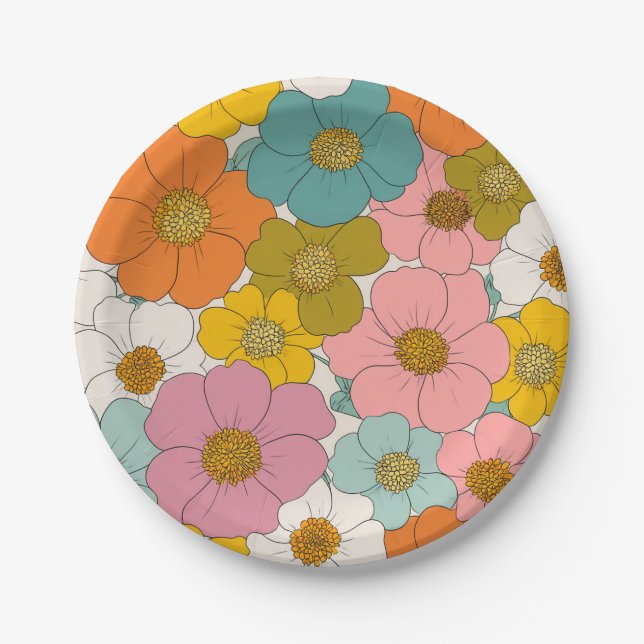 Plato De Papel Floral Hippie retro (Anverso)