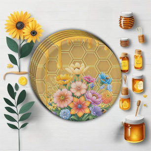 Plato De Papel Floral Honeycomb Honeybee Honey Drip Baby Shower