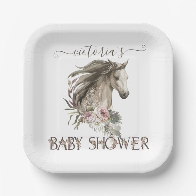 Plato De Papel Floral Horse Ranch Baby Shower (Anverso)