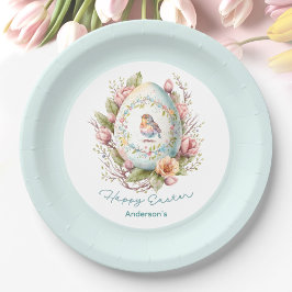 Plato De Papel Floral Huevo Azul Nombre Familia Brunch Pascua