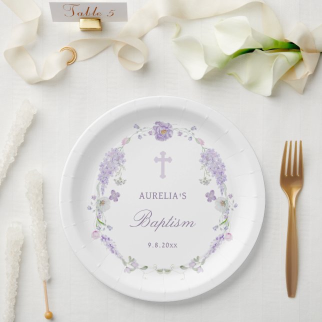 Plato De Papel Floral Lilac Lavender Wreath Baptism (Boda)