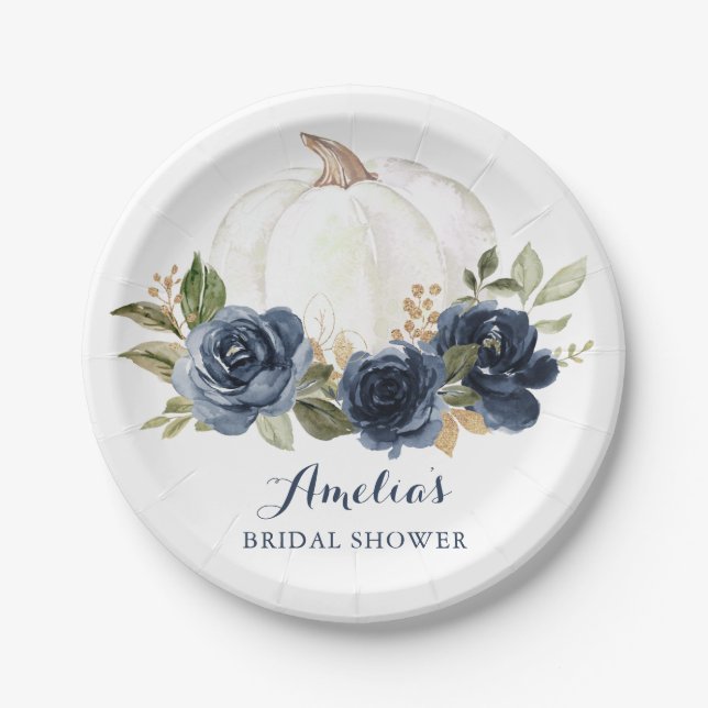 Plato De Papel Floral Marina Blue Pumpkin Bridal Shower Fall (Anverso)