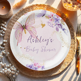 Plato De Papel Floral mariposa Chica de jardín rosado Baby Shower