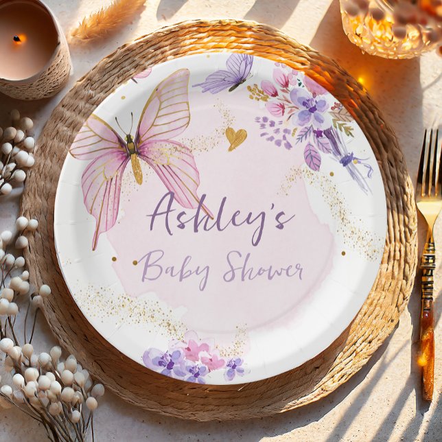Plato De Papel Floral mariposa Chica de jardín rosado Baby Shower (Subido por el creador)
