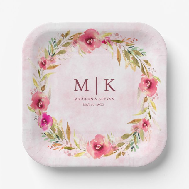 Plato De Papel Floral mínima y de Moda | Boda (Anverso)