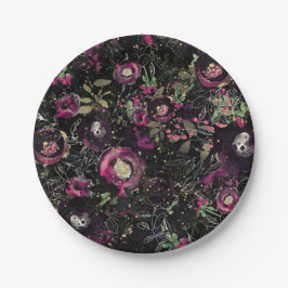 Plato De Papel Floral Moderno de Ciruela de Frambuesa Oscura y Br