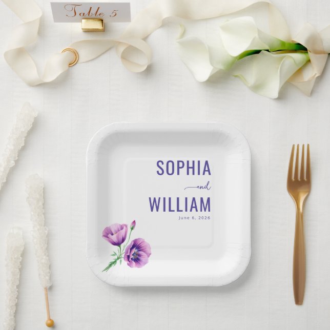 Plato De Papel Floral Morado Elegante (Boda)