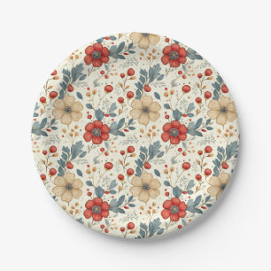 Plato De Papel Floral navideña vintage con Holly y Berries rojas