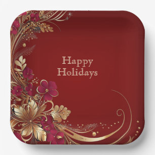 Plato de Papel Floral Navideño Rojo Dorado