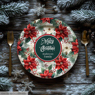 Plato de papel floral navideño rojo verde tradicio