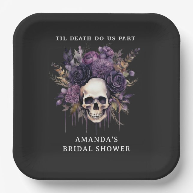 Plato De Papel Floral oscura Skull Halloween Bridal Shower (Anverso)