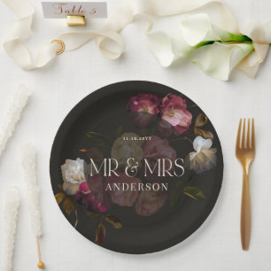 Plato De Papel Floral oscuro burgundy, negro elegante romántico