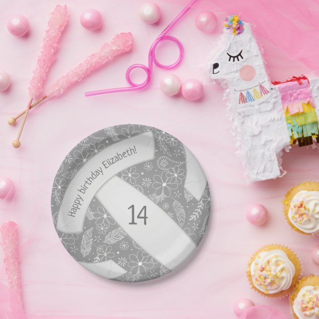 Plato De Papel Floral paisley plumas doodles voleibol gris (Fiesta)