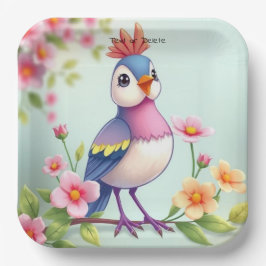 Plato de Papel Floral Pájaro Azul Rosado Lindo
