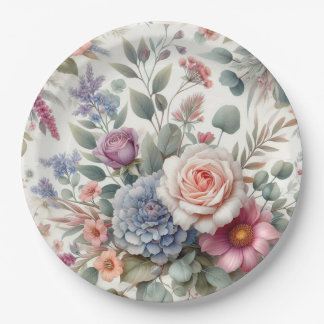 Plato de papel floral pastel de acuarela elegante 