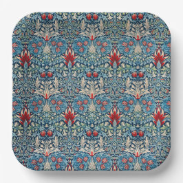 Plato De Papel Floral pattern on green leaves blue background