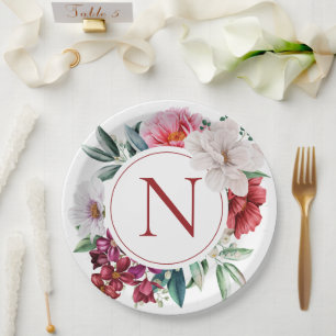 Plato De Papel Floral personalizada de monograma moderno