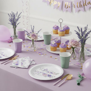 Plato De Papel Floral personalizado con acuarela rosa y morado