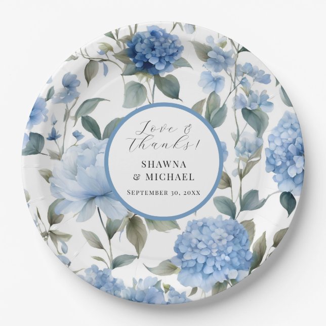 Plato De Papel Floral Primavera Moderno Elegante Azul y Boda Blan (Anverso)