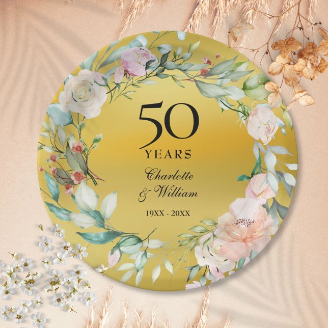 Plato De Papel Floral Relieve metalizado dorado Garland 50° anive (Floral Garland Gold Foil 50th Wedding Anniversary Paper Plates)