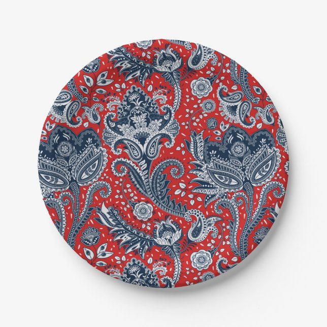 Plato De Papel Floral roja blanca y azul Paisley Bohemio Boho (Anverso)