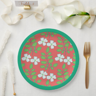 Plato De Papel Floral Roja Flores Blancas y Hojas Verdes