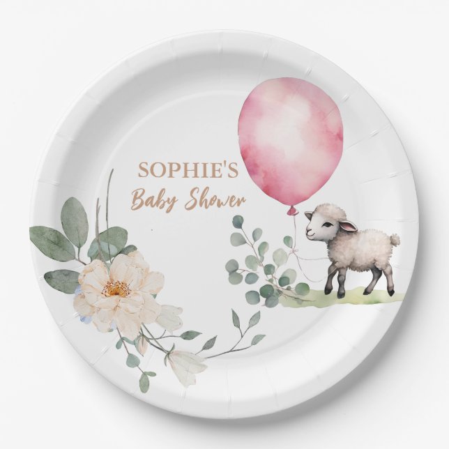 Plato De Papel Floral rosa Baby Shower "Sweet Little Lamb" (Anverso)