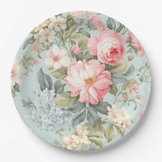 Plato de papel floral rosa blanco (Anverso)